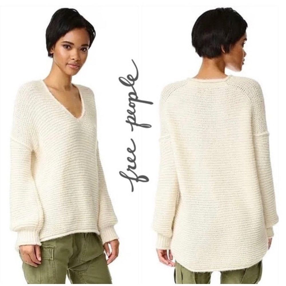 FREE PEOPLE Ivory All Mine Cotton Alpaca Knit V Neck Relax Fit Cozy Sweater Sz L